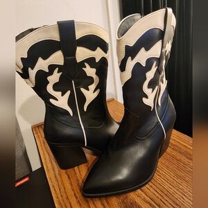 Torrid Black and White Heeled Boots with Western Design